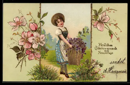 Präge-AK Mädchen trägt einen Korb mit Blumen, Namenstag