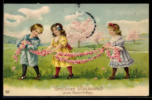 Präge-AK Kinder mit Blumenkette, Geburtstag