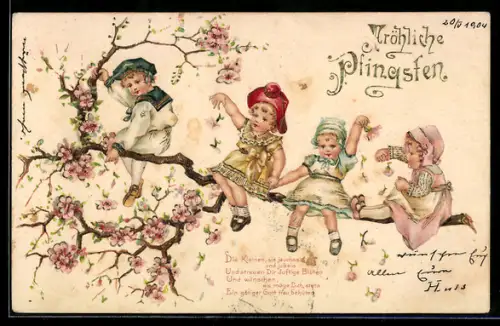 Lithographie Kinder sitzen auf einem Ast und verstreuen Blütenblätter, Pfingsten