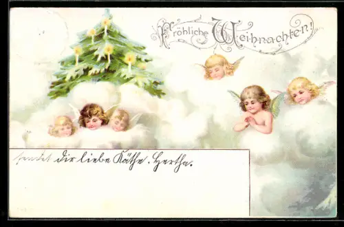 Lithographie Kleine Weihnachtsengel in den Wolken mit einem Weihnachtsbaum