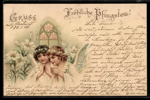 Lithographie Zwei betende Engel mit Lilien