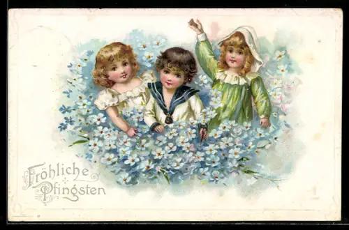 AK Drei Kinder mit Vergissmeinnicht, Pfingsten