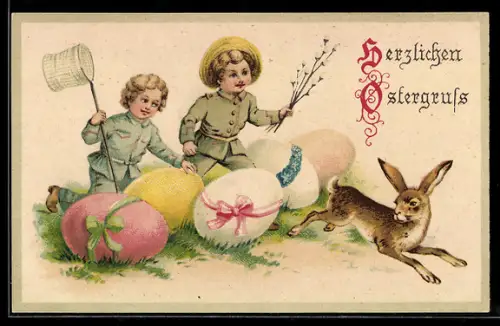 AK Osterhase flieht vor den Kindern mit Kescher