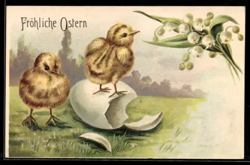 Präge-AK Zwei kleine Osterküken mit einem Ei