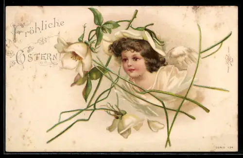 Lithographie Kleiner Osterengel mit Blüten