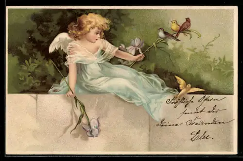 Lithographie Auf Mauer sitzender Engel betrachtet Vögel, die auf einem Zweig sitzen