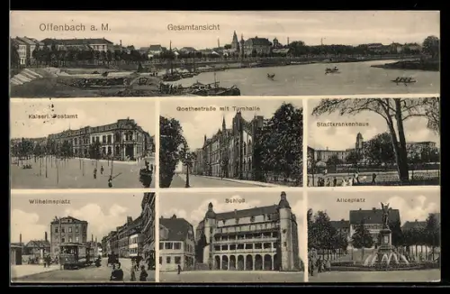 AK Offenbach a. M., Gesamtansicht, Postamt, Wilhelmsplatz und Goethestrasse mit Turnhalle