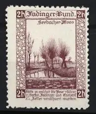 Reklamemarke Fadinger Bund, Seebacher Moos, Landschaft mit Bäumen und Fluss