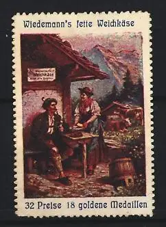 Reklamemarke Wiedemann, Weichkäse, Berglandschaft und Hütte