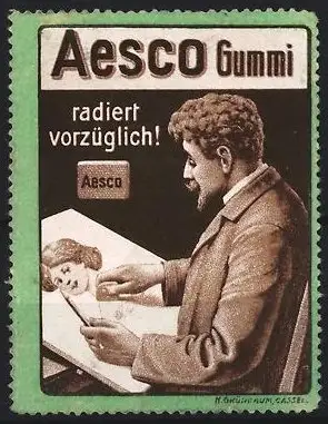 Reklamemarke Aesco Gummi, Radiergummi, Künstler radiert Porträt