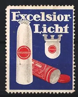 Reklamemarke Excelsior-Licht, Glühstrumpf, Leuchtmittel und Verpackung