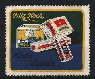 Reklamemarke Mettmann, Fritz Koch, Nudeln, Nudelpackungen