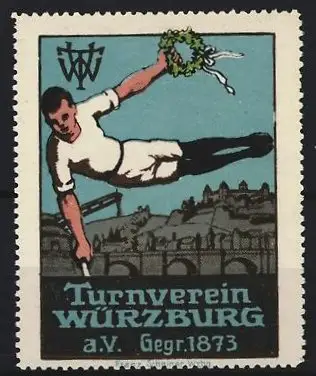 Reklamemarke Würzburg, Turnverein a.V. Gegr. 1873, Turner mit Kranz