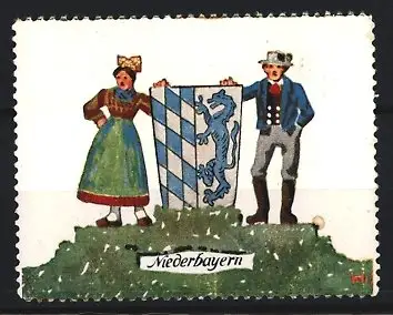 Reklamemarke Niederbayern, Trachtenpaar mit Wappen, Löwe und Rauten