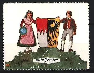 Reklamemarke Mittelfranken, Trachtenpaar mit Wappen, traditionelles Symbol