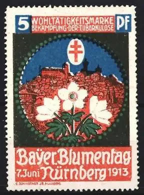Reklamemarke Nürnberg, Bayer. Blumentag 1913, Ortsansicht und Blumen
