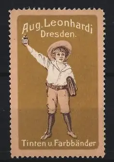 Reklamemarke Dresden, Aug. Leonhardi, Tinte und Farbbänder, Junge mit Tintenflasche