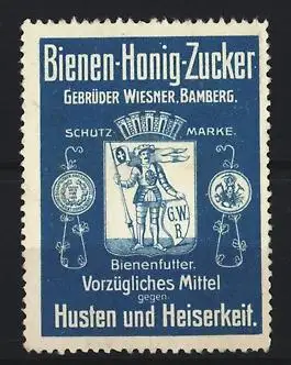 Reklamemarke Bamberg, Gebr. Wiesner, Bienen-Honig-Zucker, Wappen mit Ritter