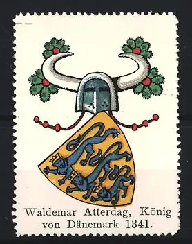 Reklamemarke Dänemark, König von Dänemark Waldemar Atterdag, Wappen mit Helm