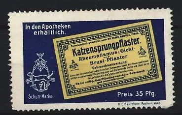 Reklamemarke Katzensprungpflaster, Rheumatismus-, Gicht- und Brustpflaster