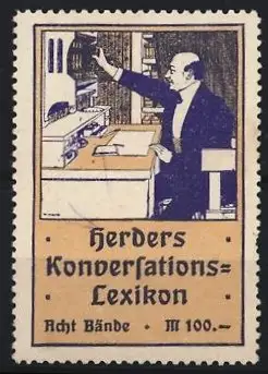 Reklamemarke Herders Konversations-Lexikon, Bibliothek-Szene