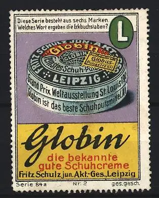 Reklamemarke Leipzig, Fritz Schulz jun. A. G., Schuhcreme Globin, Schuhputzdose