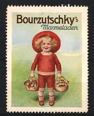 Reklamemarke Bourzutschky`s Marmeladen, Kind mit Körben