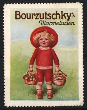 Reklamemarke Bourzutschky`s Marmeladen, Kind mit Körben