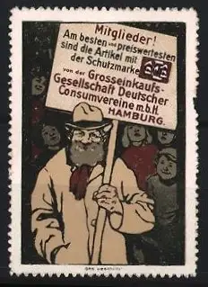 Reklamemarke Hamburg, Grosseinkaufs-Gesellschaft Deutscher Consumvereine mbH, Mann mit Schild