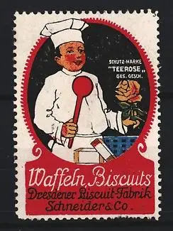 Reklamemarke Dresden, Dresdener Biscuit-Fabrik Schneider & Co., Waffeln, Biscuits, Koch mit Rose