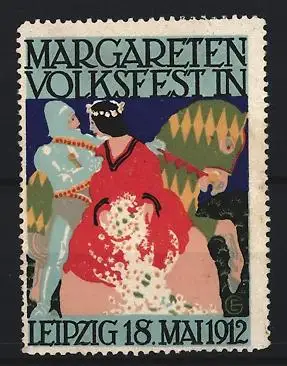Reklamemarke Leipzig, Margareten Volksfest 1912, Reiter und Dame