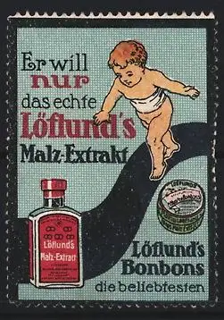 Reklamemarke Löflund`s Malz-Extrakt, Kind mit Flasche