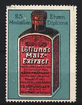 Reklamemarke Grunbach, Löflund`s Malz-Extract, Flasche mit rotem Etikett