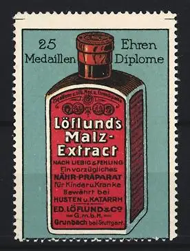 Reklamemarke Grunbach, Löflund`s Malz-Extract, Flasche mit Medaillen und Diplomen