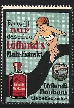 Reklamemarke Löfund`s Malz-Extrakt, Kind mit Flasche