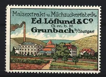 Reklamemarke Grunbach, Malzextrakt- und Milchzuckerfabrik Ed. Löflund & Co, Fabrikansicht