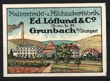 Reklamemarke Grunbach, Ed. Löflund & Co., Milchzuckerfabrik, Fabrikansicht
