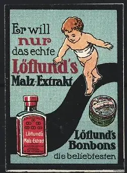 Reklamemarke Löflund`s Malz-Extrakt, Kind mit Flasche und Dose