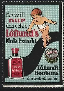 Reklamemarke Löflund`s Malz Extrakt, Kind mit Flasche und Dose