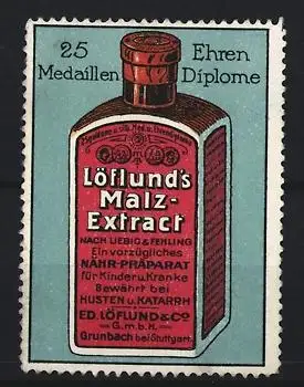 Reklamemarke Grunbach, Löflund`s Malz-Extract, Flasche mit Etikett