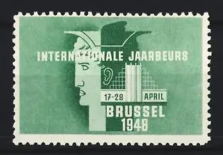 Reklamemarke Brüssel, Internationale Jaarbeurs 1948, Profilkopf und Gebäude