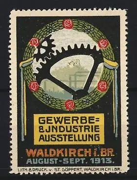 Reklamemarke Waldkirch i. Br., Gewerbe- & Industrieausstellung 1913, Zahnrad und Kranz