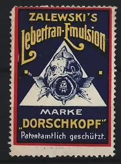 Reklamemarke Zalewski`s Lebertran-Emulsion, Dorschkopf, Fisch Dorsch