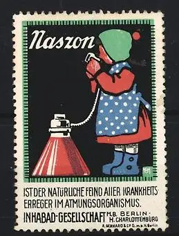 Künstler-Reklamemarke Michaelis, Berlin, Naszon, Inhabad GmbH, Kind mit Inhalator