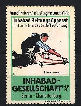 Künstler-Reklamemarke Michaelis, Inhabad RettungsApparat, Grand Prix London 1913, Wiederbelebungsszene