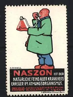 Künstler-Reklamemarke Michaelis, Berlin, Naszon, Inhabad GmbH, Mann benutzt Inhalator