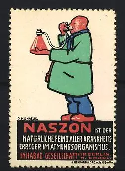 Künstler-Reklamemarke Michaelis, Berlin, Naszon, Inhabad GmbH, Mann benutzt Inhalator