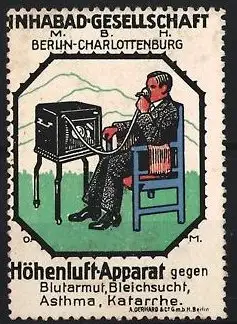 Künstler-Reklamemarke Michaelis, Berlin-Charlottenburg, Höhenluft-Apparat, Inhabad GmbH, Mann mit Höhenluft-Apparat