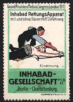 Künstler-Reklamemarke Michaelis, Berlin, Rettungsapparat, Inhabad GmbH, London 1913 Grand Prix, Wiederbelebungs Szene