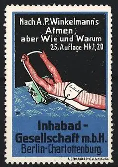 Künstler-Reklamemarke Michaelis, Berlin, Winkelmann's Atemgerät, Inhabad GmbH, Mann trainiert seine Atmung mit Apparat